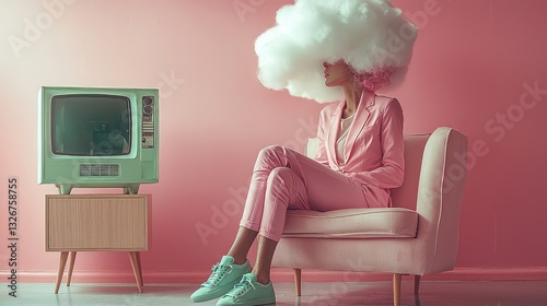 Young Black Woman with Cloud Headpiece Sitting on Pink Sofa Watching Retro TV, Pastel Pink Color Scheme, Surreal and Dreamlike Mood