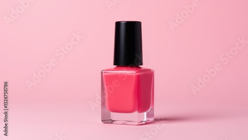 A nail polish bottle with a black cap and pink polish, set against a pink background.