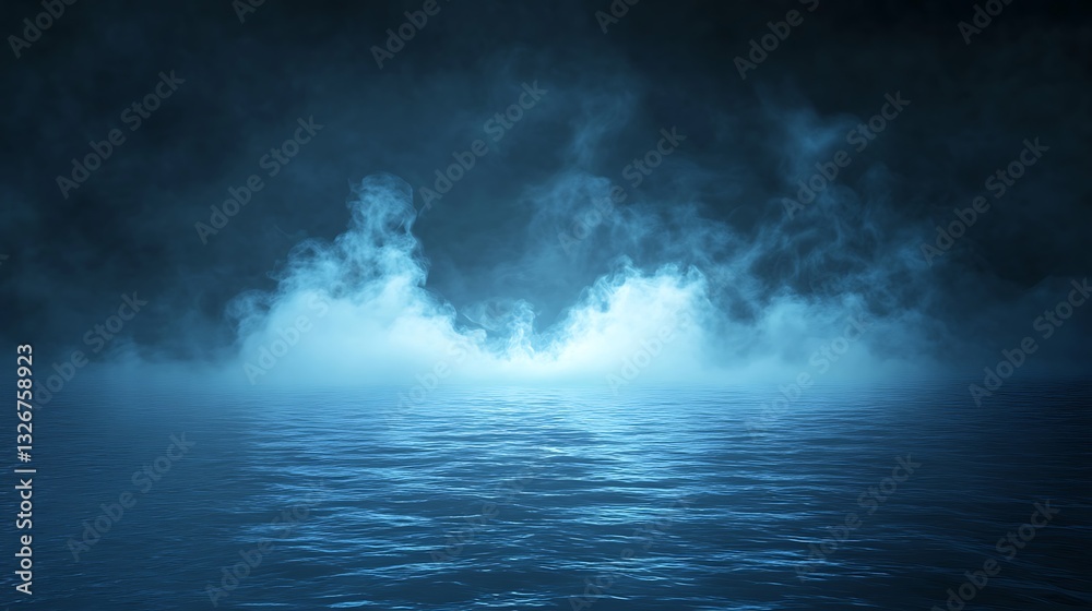 Mysterious glowing neon water surface with fog and white light Mysterious glowing neon water surface with fog and white light