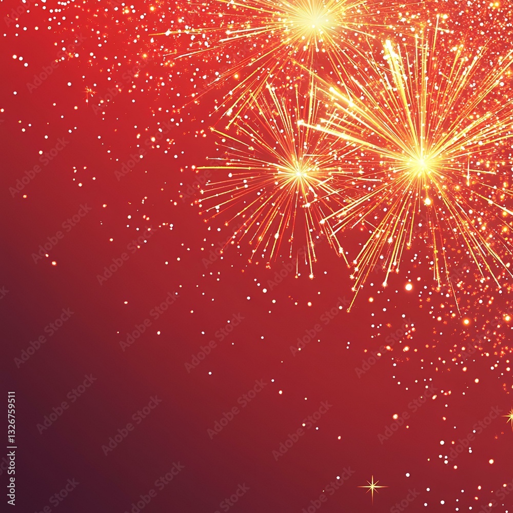 Obraz premium Red fireworks burst against a dark red night sky, ideal for celebration backgrounds