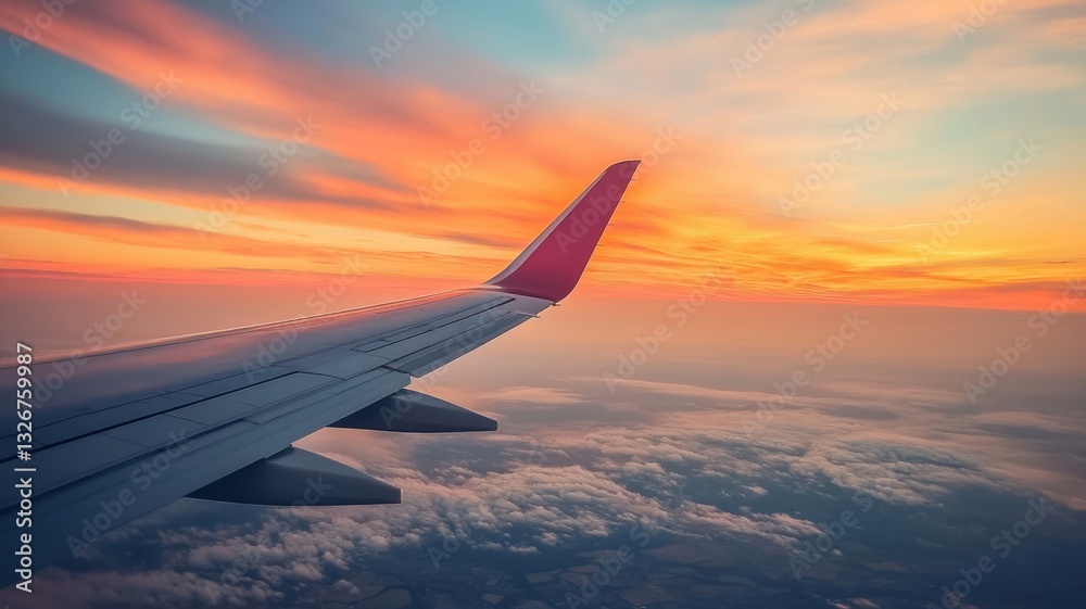 Vibrant sunset viewed from an airplane window over clouds during evening flight Vibrant sunset viewed from an airplane window over clouds during evening flight