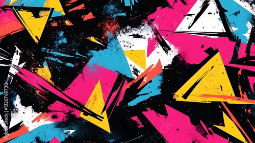 Seamless grunge pattern with neon lines, triangles and chaotic brush strokes