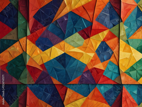 Create an image of a colorful mosaic pattern that seems to change and shift depending on the viewer's perspective, with geometric shapes and lines appearing to move and morph when viewed