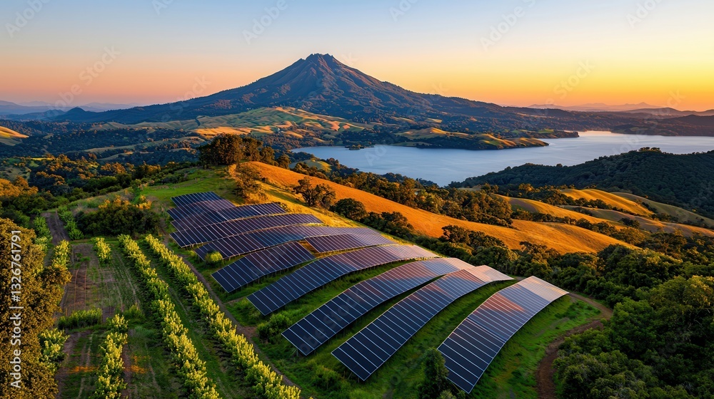 Fototapeta premium Aerial View of Solar Panels with Majestic Mountain and Serene Lake at Sunset