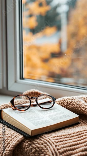 Cozy autumn scene featuring a book and glasses on a warm knitted blanket by a window