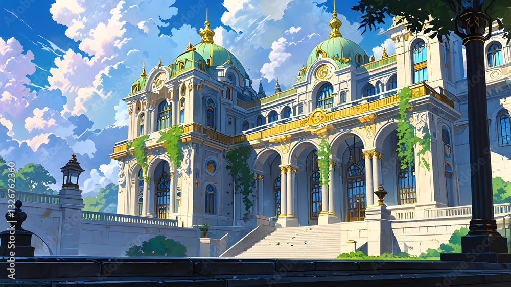 Fototapeta premium Majestic palace with lush greenery under a bright blue sky