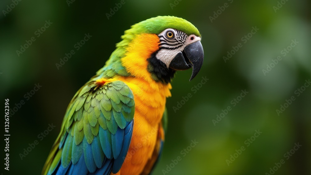 A colorful parrot bird small with vibrant green, yellow, and blue feathers, and a black beak. A colorful parrot bird small with vibrant green, yellow, and blue feathers, and a black beak.