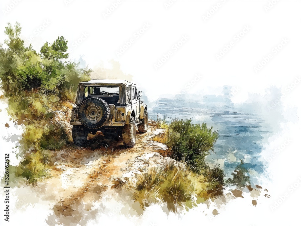 Fototapeta premium Off-road adventure in nature scenic coastline watercolor art