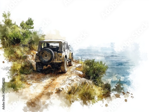 Off-road adventure in nature scenic coastline watercolor art photo