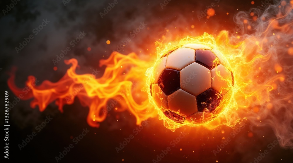 Fototapeta premium Soccer ball engulfed in flames, dynamic and intense