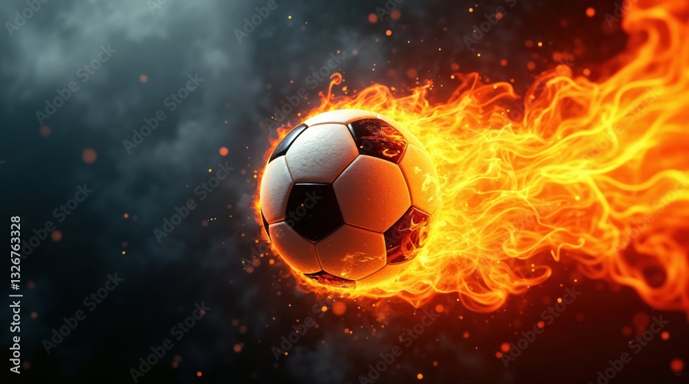 Naklejka premium Soccer ball engulfed in flames against dark background