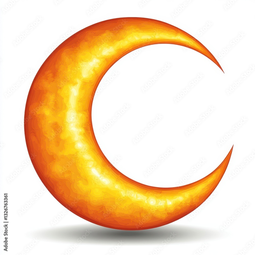 Golden crescent moon illustration on white background. Pixel art style with subtle shadow. Golden crescent moon illustration on white background. Pixel art style with subtle shadow.