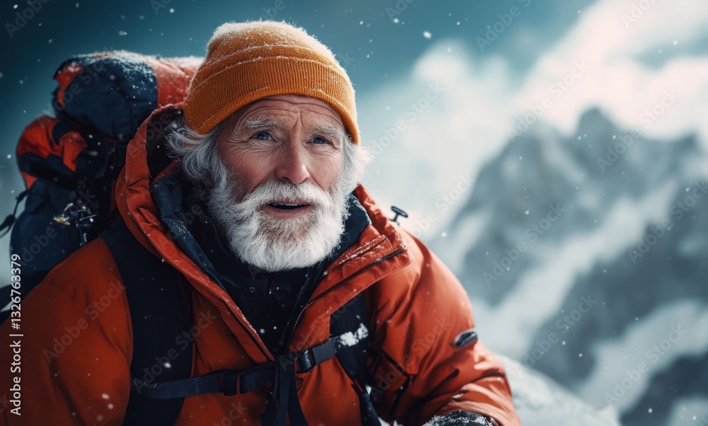 Fototapeta premium Adventurous Senior Climber on Snowy Himalaya Mountain Peak in Winter Expedition