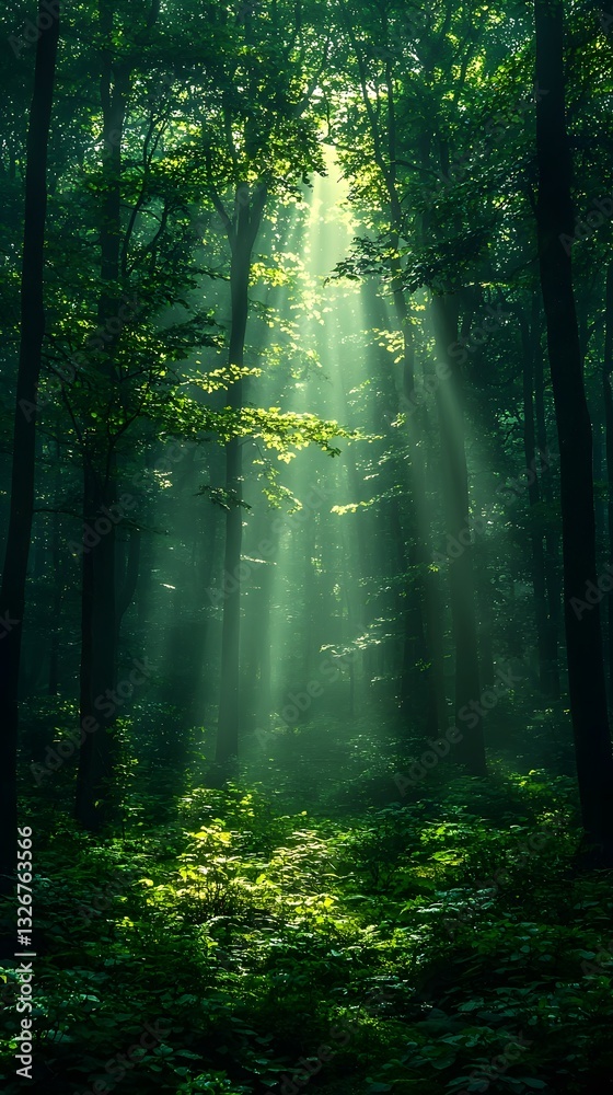 Obraz premium Enchanting Sunlit Forest Landscape with Glowing Rays Across Verdant Foliage
