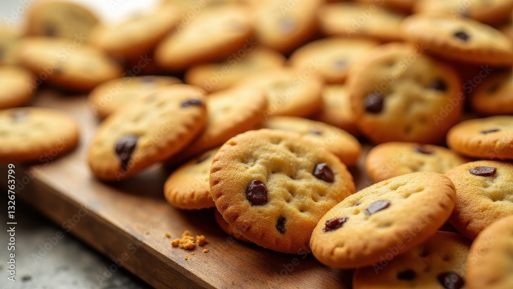 A close-up of a pile of freshly baked chocolate chip cookies on a wooden surface. A close-up of a pile of freshly baked chocolate chip cookies on a wooden surface.