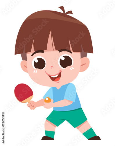 A happy young boy is actively playing table tennis, holding a red paddle and an orange ping pong ball