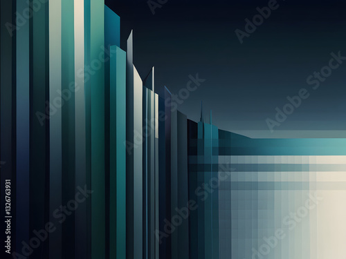 Image is a digital abstract artwork featuring a geometric pattern composed of various shapes, including circles, semi-circles, and rectangles. The layout is a grid-like arrangement with a harmonious