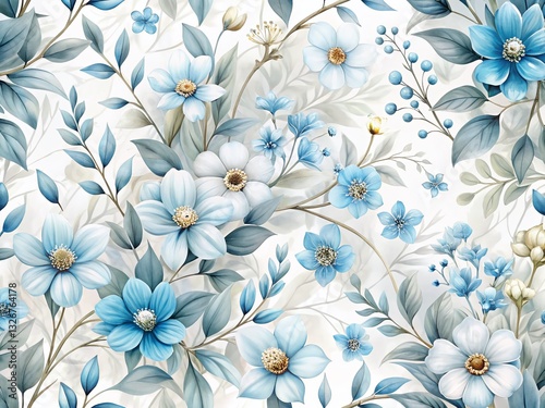 Elegant Blue Floral Pattern: Soft Flowers & Gray Leaves on White