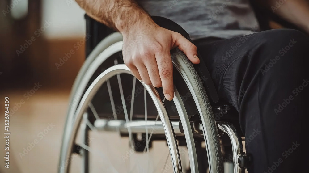 Obraz premium close up of hand gripping wheel of wheelchair, showcasing mobility and independence. image conveys strength and determination