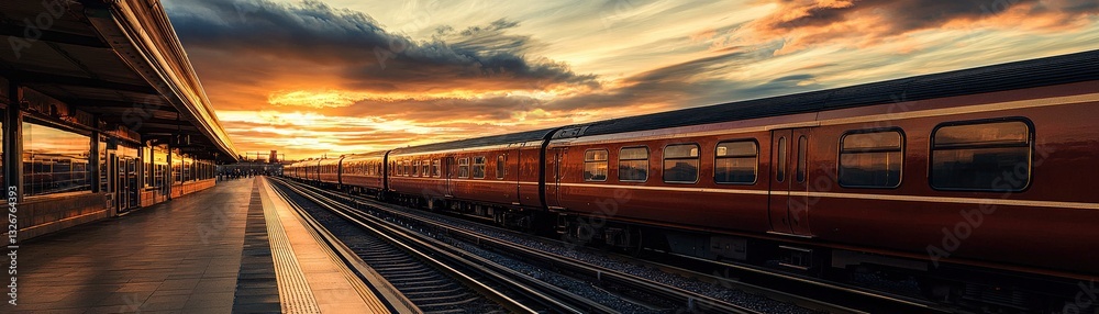 A serene train station at sunset, featuring train cars lined up on the tracks and a colorful sky casting warm hues over the scene. A serene train station at sunset, featuring train cars lined up on the tracks and a colorful sky casting warm hues over the scene.