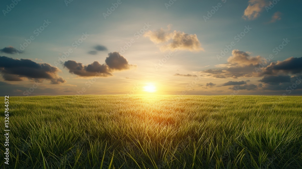 Serene sunset over a vast, dewy field of green grass. Warm golden light illuminates the landscape, creating a peaceful and idyllic atmosphere. Serene sunset over a vast, dewy field of green grass. Warm golden light illuminates the landscape, creating a peaceful and idyllic atmosphere.