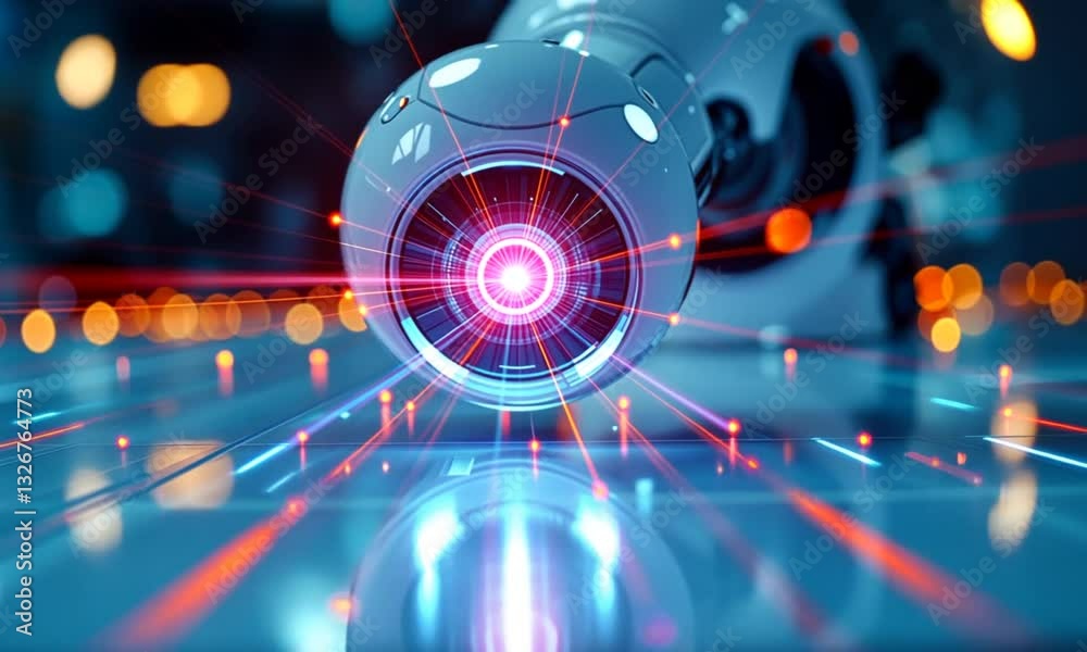 Futuristic robot eye scanning city; tech innovation Futuristic robot eye scanning city; tech innovation