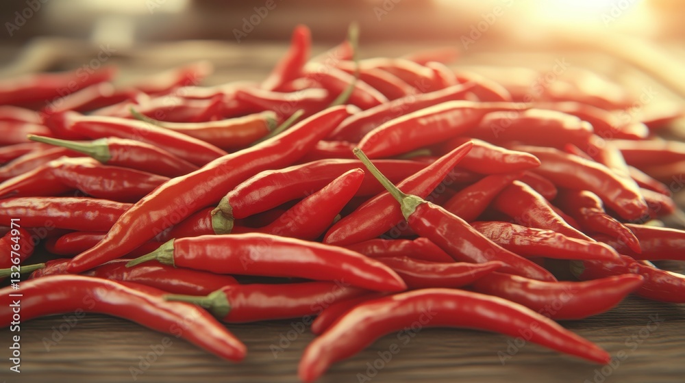 A vibrant pile of red chili peppers, showcasing their glossy skin and fresh appearance, illuminated by warm sunlight. A vibrant pile of red chili peppers, showcasing their glossy skin and fresh appearance, illuminated by warm sunlight.