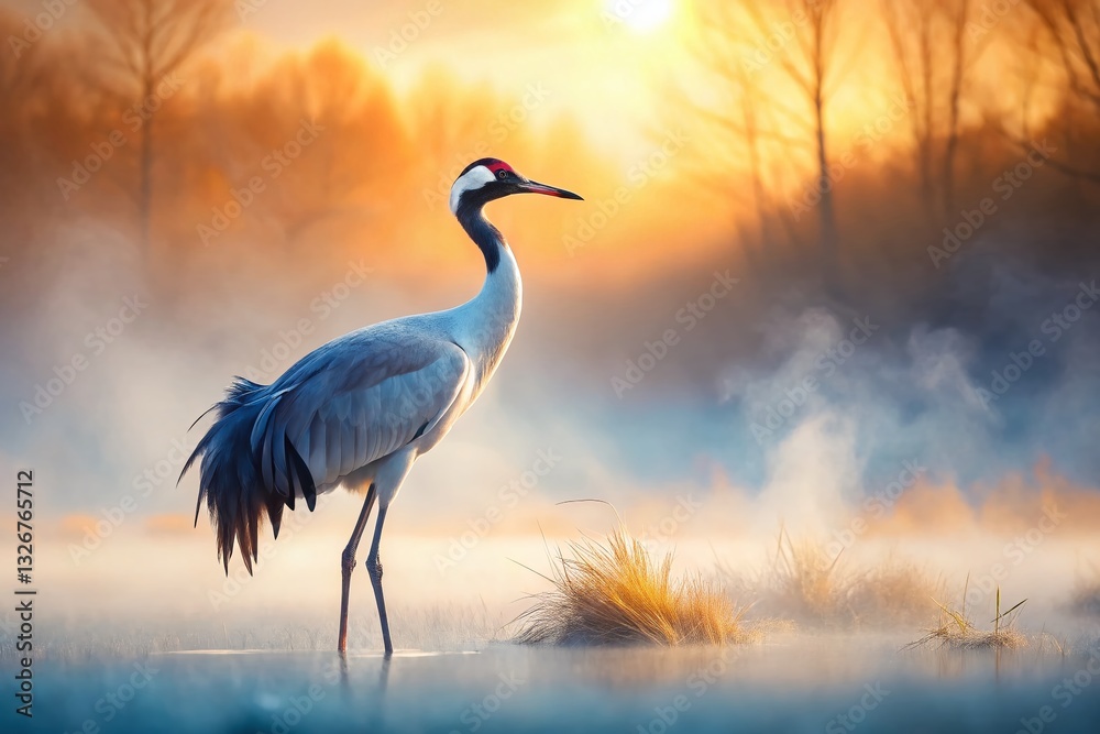 Fototapeta premium Elegant Crane in Misty Minimalist Landscape - Macro Photography