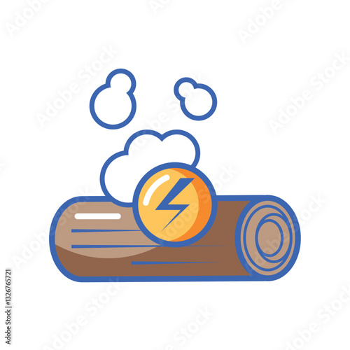 Vector Illustration of a Log with Lightning Bolt and Smoke - Symbol for Biomass Energy, Wood Fuel, and Renewable Resources