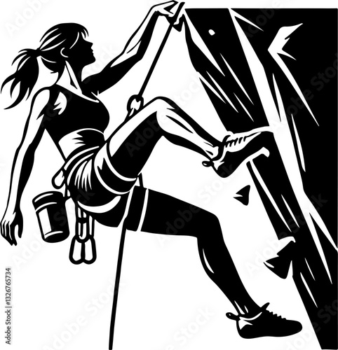 Female Mountain Climber On A Cliff Face, Black And White Climbing Silhouette