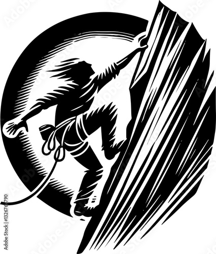Male Mountain Climber On A Cliff Face, Black And White Climbing Silhouette