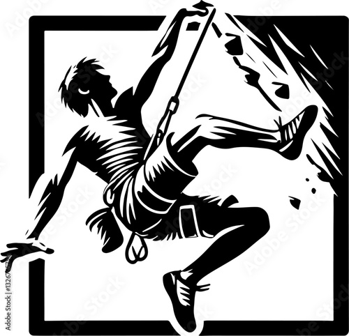 Male Mountain Climber Tackling A Overhang, Black And White Climbing Silhouette