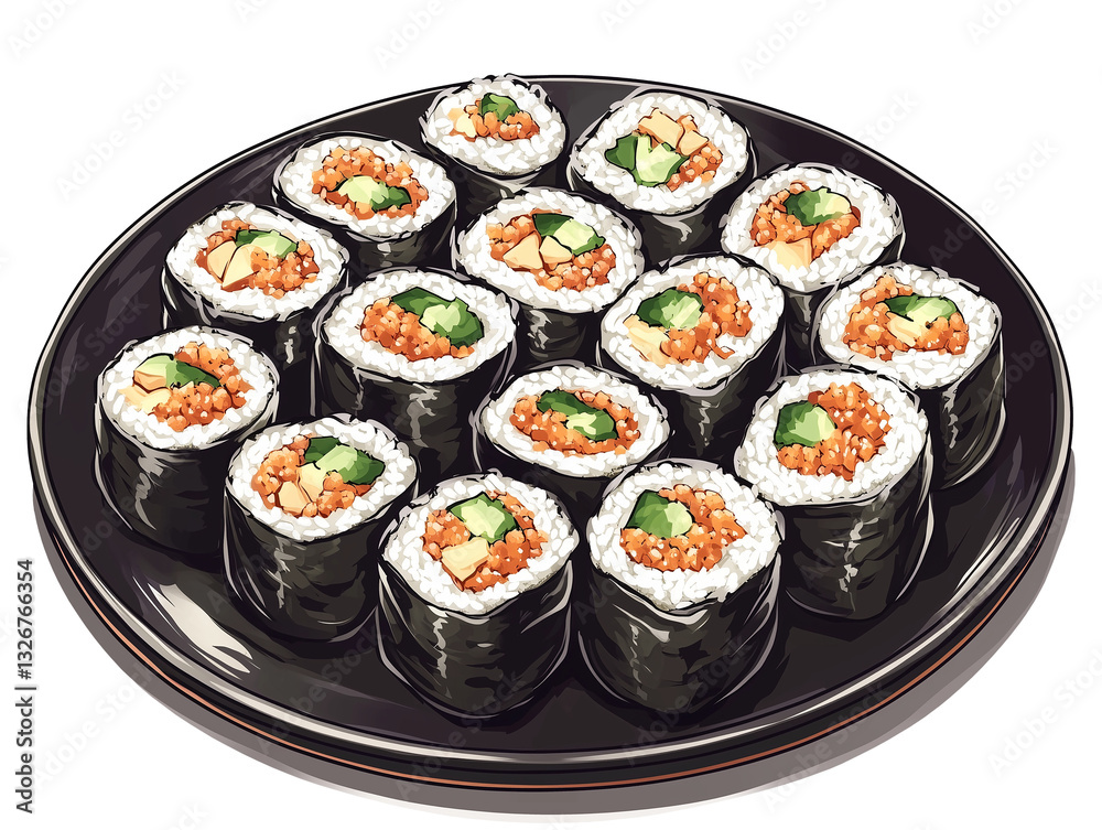 Sushi platter featuring assorted maki rolls beautifully arranged on a black tray Sushi platter featuring assorted maki rolls beautifully arranged on a black tray
