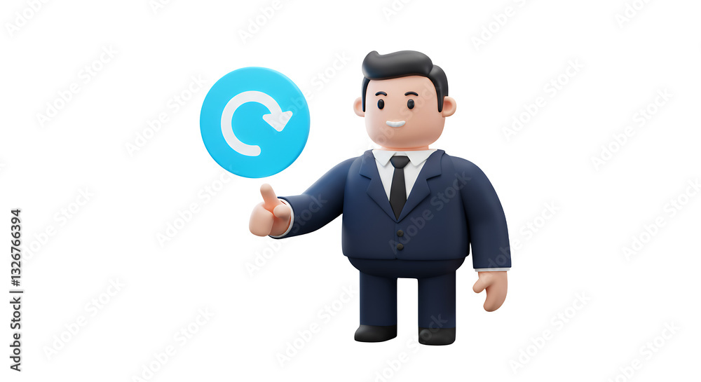 Man in suit pointing to circular arrow symbol indicates refresh Man in suit pointing to circular arrow symbol indicates refresh