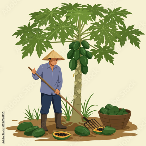 Harvesting Papaya Farmer with Traditional Hat Under Tree Vector