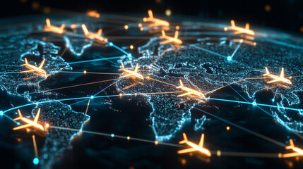 digital world map with illuminated flight paths and airplane icons, representing global travel and connectivity. vibrant network showcases international routes and destinations