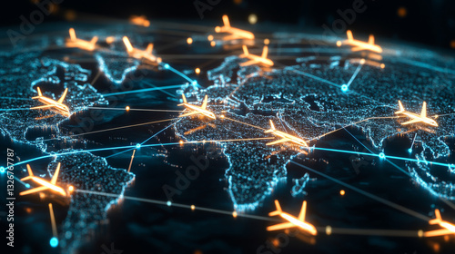 digital world map with illuminated flight paths and airplane icons, representing global travel and connectivity. vibrant network showcases international routes and destinations