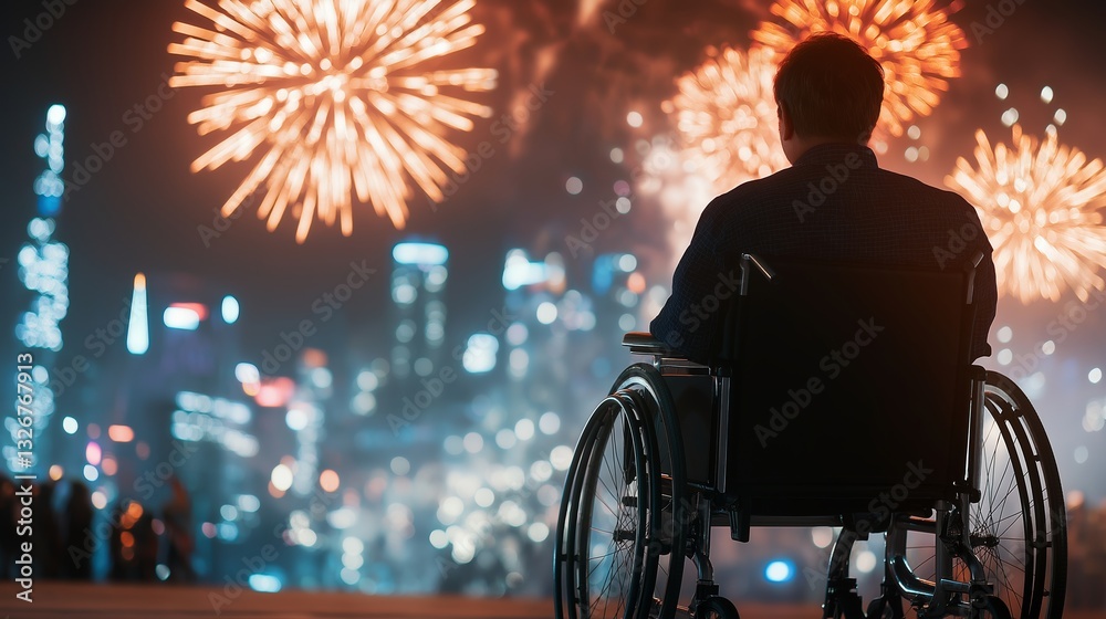 Obraz premium Wheelchair user enjoys vibrant fireworks display in urban setting at night