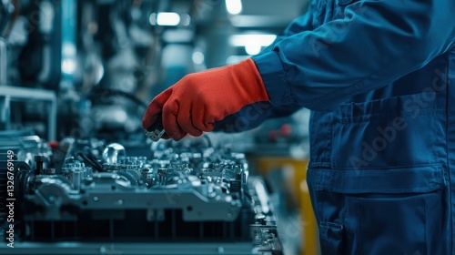 A worker in red gloves examines machinery components in a factory setting, highlighting industrial processes and hands-on manufacturing.