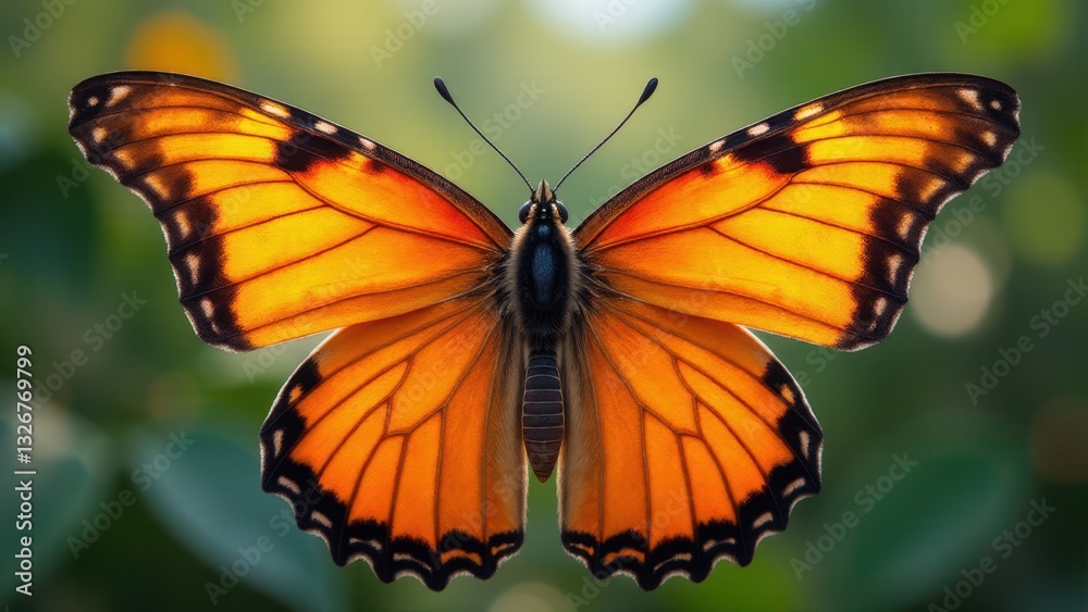 Obraz premium A real butterfly with vibrant orange wings and black edges, showcasing intricate patterns.