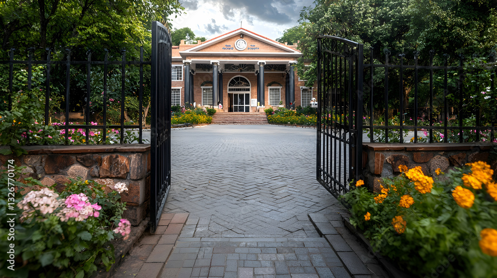 Fototapeta premium An elegant building with columns is viewed through an open gate