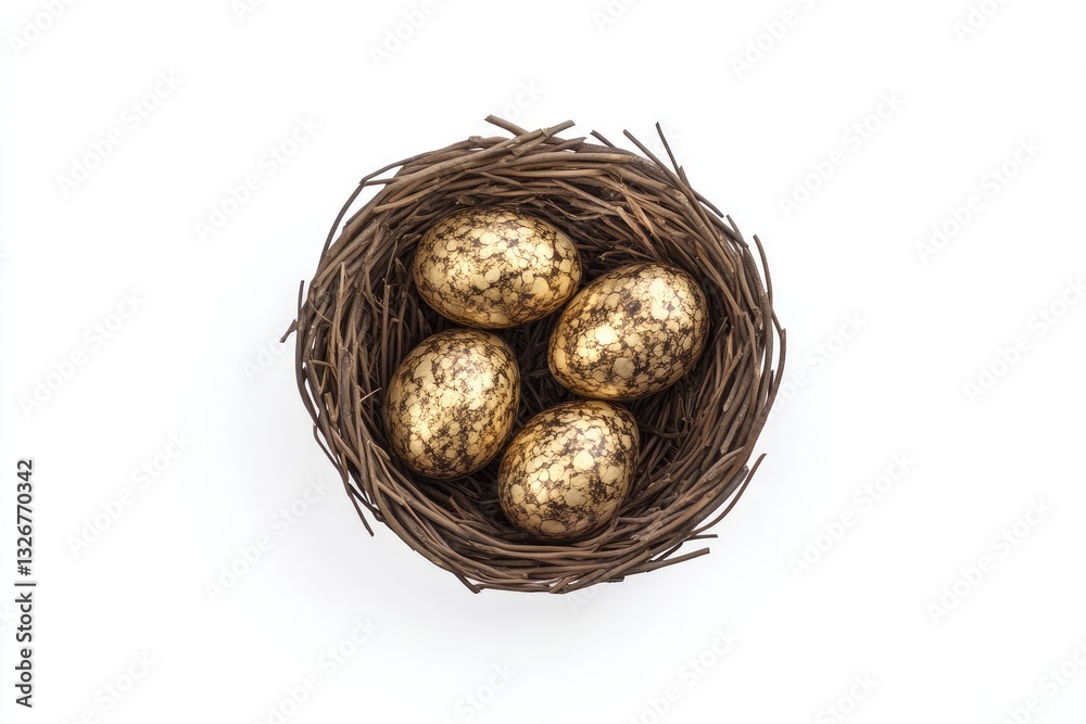 Fototapeta premium Golden Eggs in Bird Nest on White Background (1)