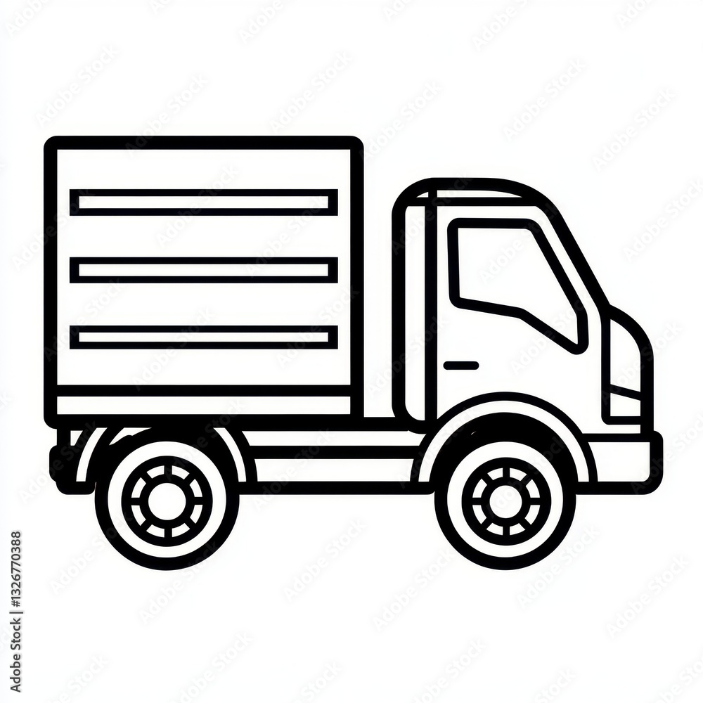 Line drawing of a small delivery truck on a white background. The truck has a rectangular cargo area with three horizontal lines and large wheels. Line drawing of a small delivery truck on a white background. The truck has a rectangular cargo area with three horizontal lines and large wheels.
