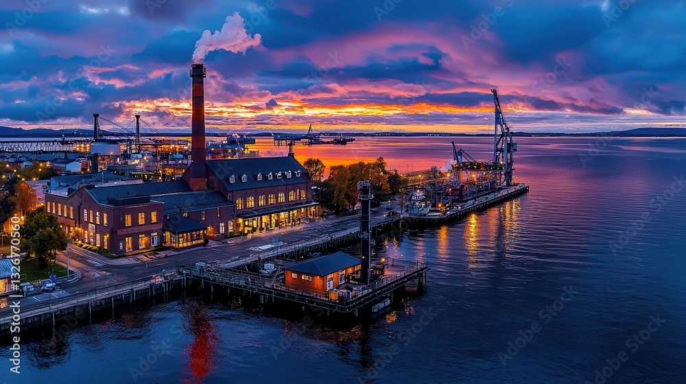 Fototapeta premium Captivating Sunset Over Industrial Harbor with Smokestacks and Cranes Reflected in Water