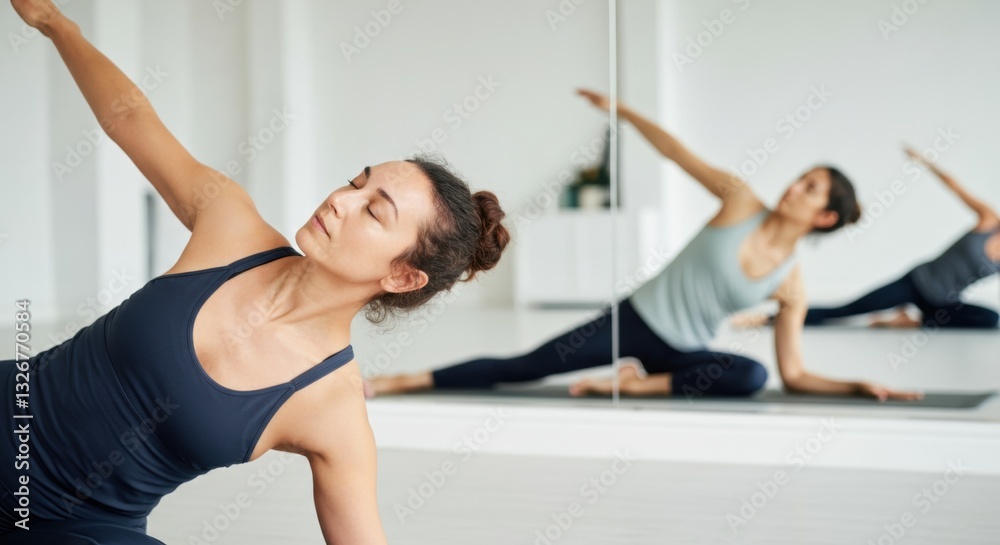 Young hispanic female practicing yoga in studio with mirror reflection Young hispanic female practicing yoga in studio with mirror reflection