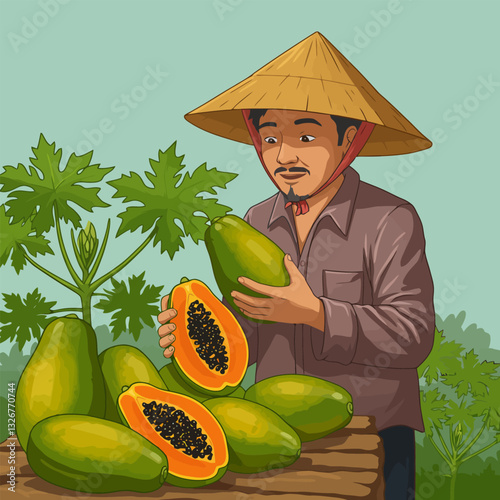 Papaya Harvest Farmer Inspecting Fruit with Asian Conical Hat Art