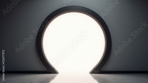 A round door with a bright light shining through it, creating a futuristic and inviting atmosphere.