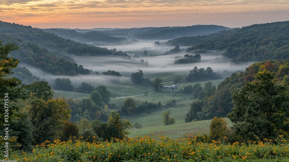 Obraz premium Serene Valley Landscape with Morning Mist and Lush Green Hills in Autumn Light