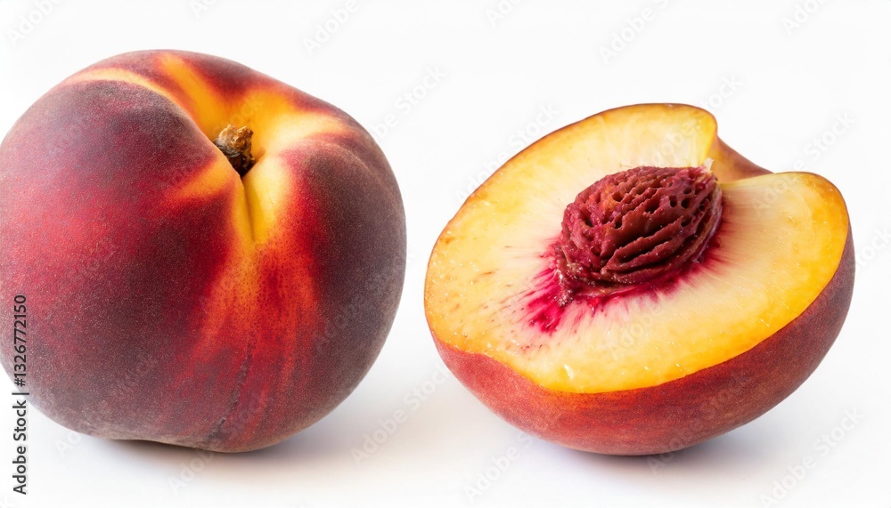 Set of Fresh Red Peaches and Juicy Slices Isolated on White Background Set of Fresh Red Peaches and Juicy Slices Isolated on White Background