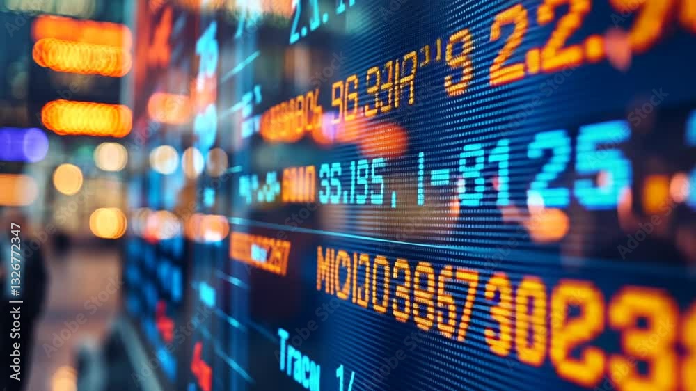 Captivating stock market display with dynamic data and urban backdrop footage